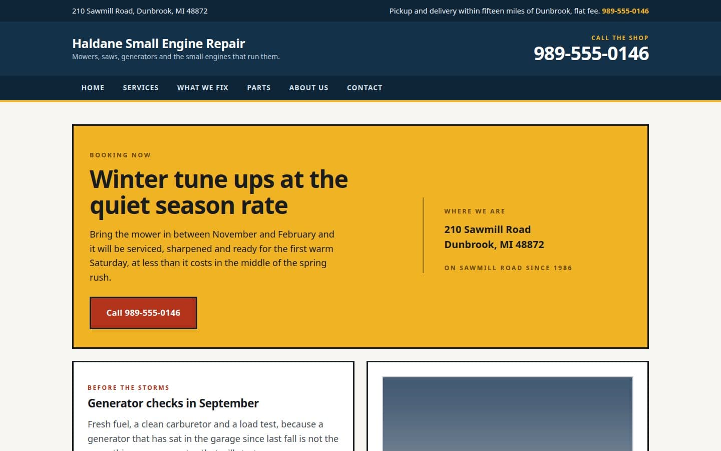 Homepage for an invented engine service shop, built in the service first direction.