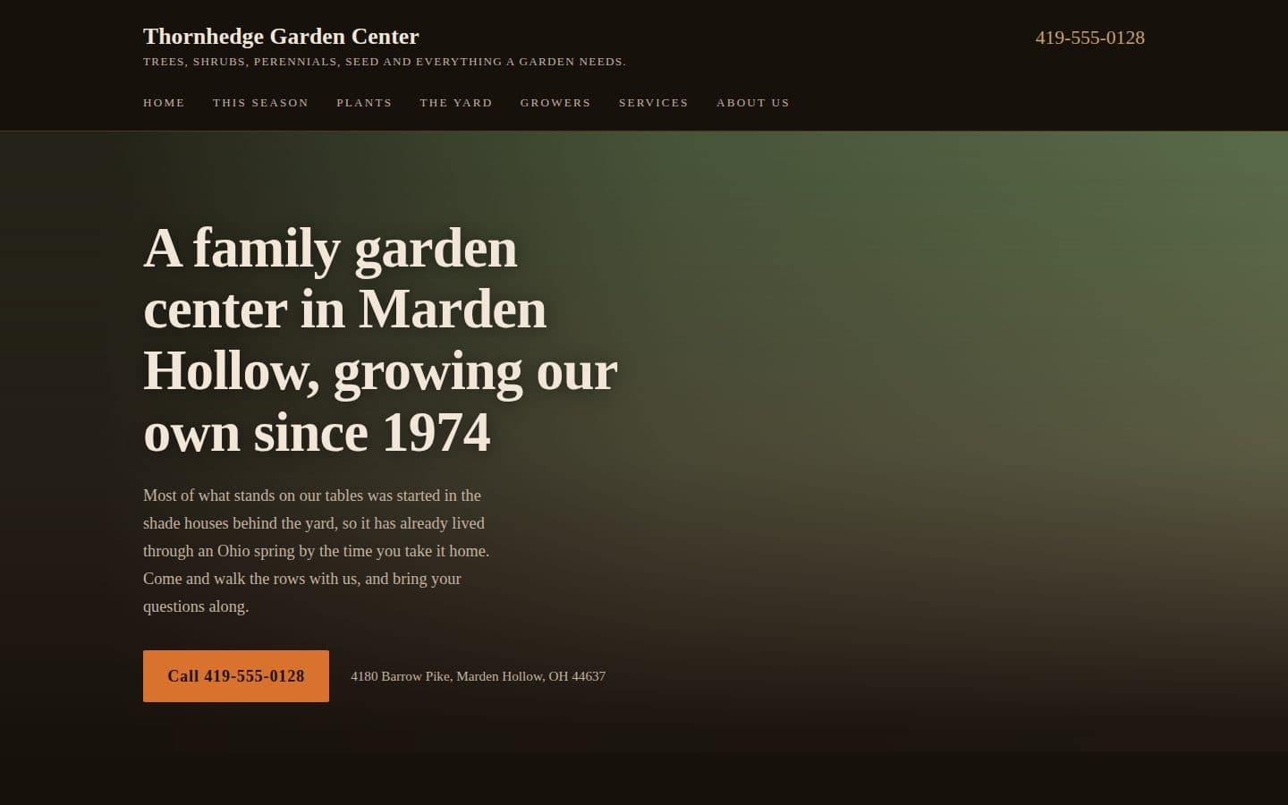 Homepage for an invented garden and hearth store, built in the warm classic direction.