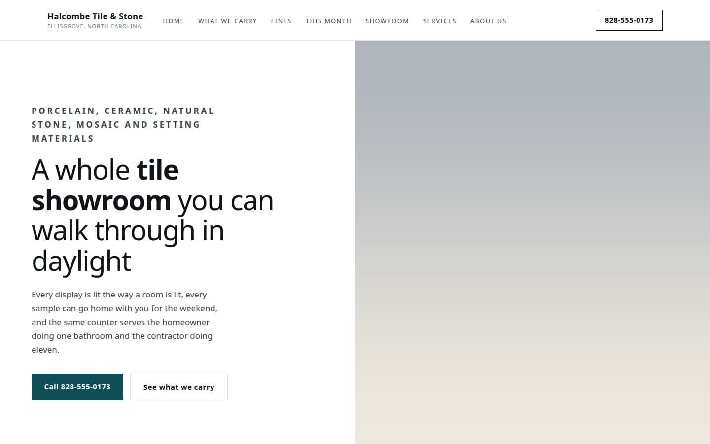 Homepage for an invented tile showroom, built in the modern showroom direction.